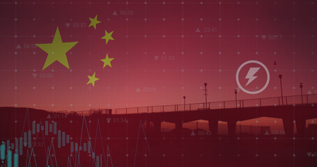 Image of flag of china and data processing over bridge