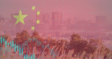 Image of flag of china and data processing over cityscape