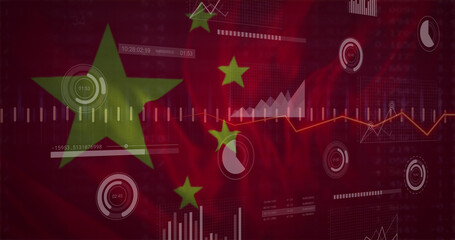 Image of financial data and graphs over flag of china