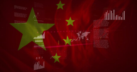 Image of financial data and graphs over flag of china