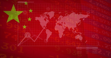 Image of financial data and graphs over world map and flag of china