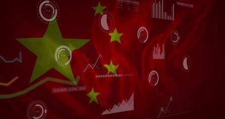 Image of financial data and graphs over flag of china