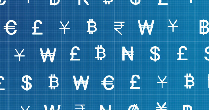 Image of rows of currency signs moving on blue background