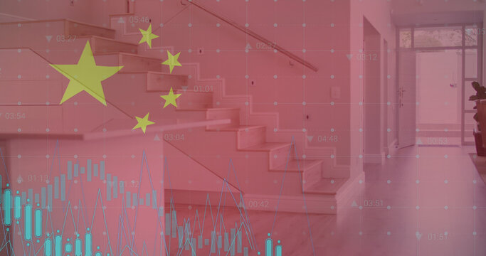 Image of flag of china and data processing over house