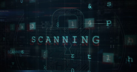 Image of security padlock over data processing on dark background