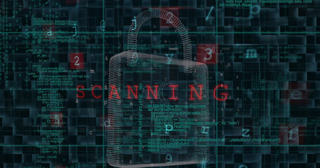 Image of security padlock over data processing on dark background
