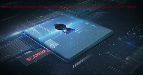 Image of security padlock over data processing on dark background