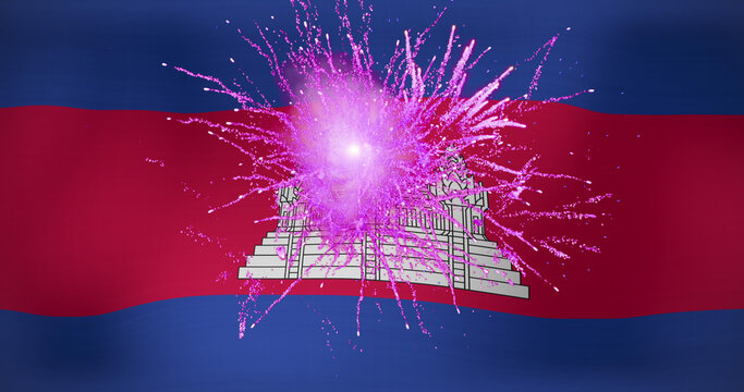 Image of fireworks over flag of cambodia - Powered by Adobe