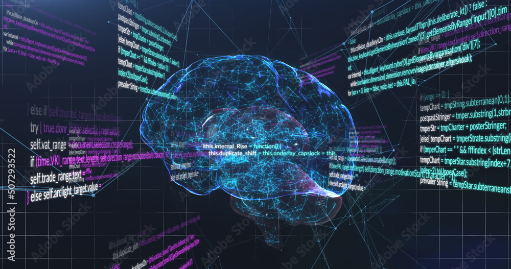 Wall mural image of data processing and brain on black background