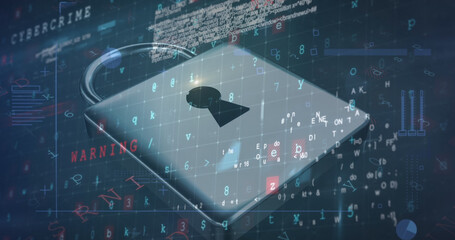 Image of security padlock over data processing on dark background