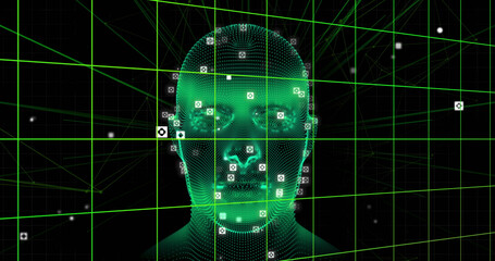 Image of data processing and digital head on black background