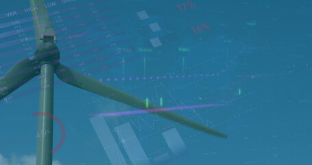 Image of data processing and icons over windmill