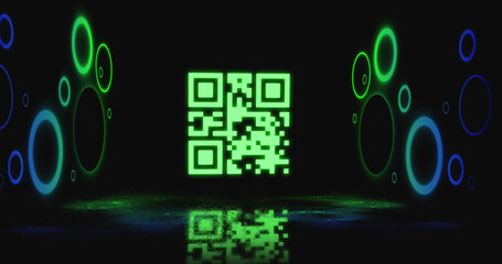 Image of neon qr code with circles over black background
