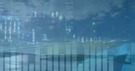 Image of data financial processing over cityscape