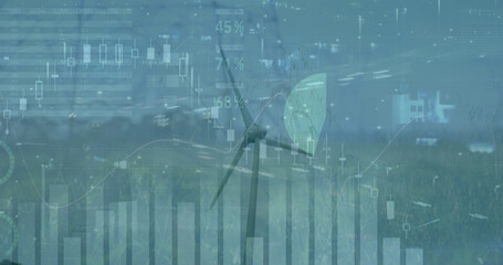 Image of data financial processing over windmill