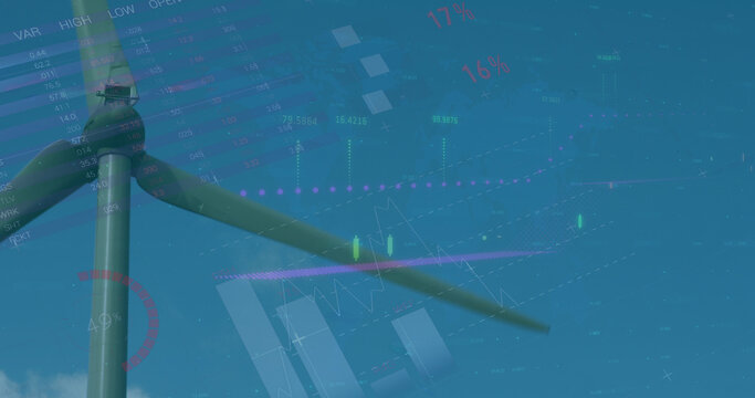 Image of data processing and icons over windmill