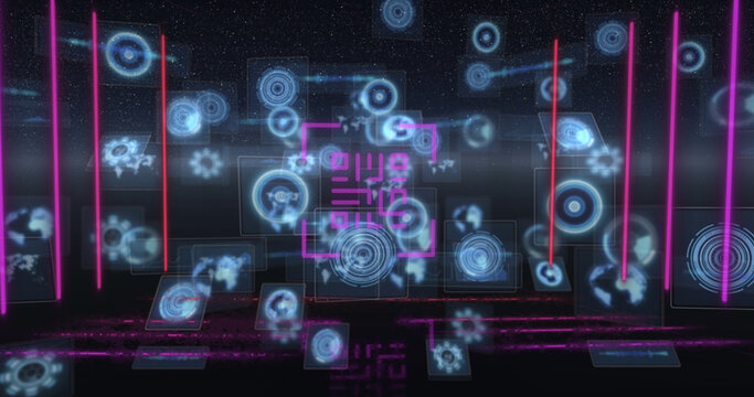 Image of neon qr code with lines over data processing and scope scanning on black background