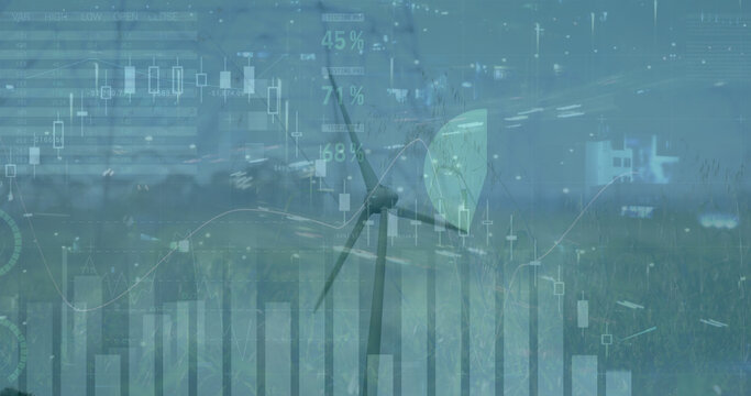 Image of data financial processing over windmill - Powered by Adobe