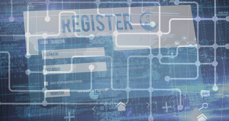 Image of network of connections over register card and data processing