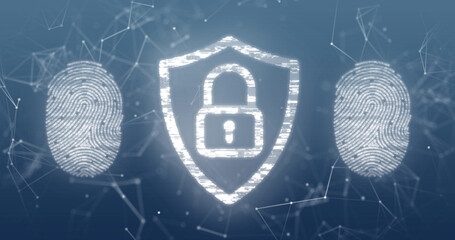 Image of padlock icon and fingerprint over blue background