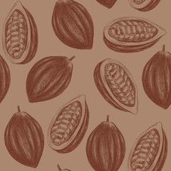 Beige and brown seamless pencil pattern with cocoa pods.