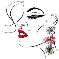 Model in long earrings, makeup - arrow,  red lipstick 