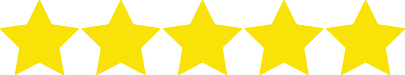 Star icon. Vector yellow isolated five stars. Customer feedback concept. Vector 5 stars rating review. Quality shape design.