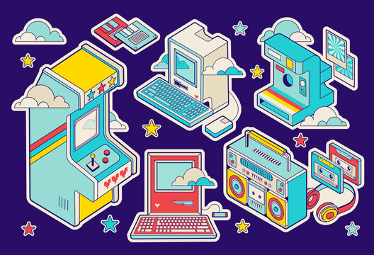 Nostalgia old technology stickers. Fun retro cartoon groovy items. Vintage computer, music, photo and game aesthetic. Isolated Patches, badges with Isometric icons. 90s retrowave style.