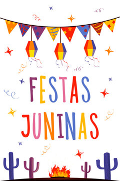 Hand drawn Festa Junina Brazil June Festival. Folklore Holiday. Guitar, Accordion, Cactus, Summer, Sunflower, Campfire, Flag, - Ready to Print Background - Vector Illustration - Vector