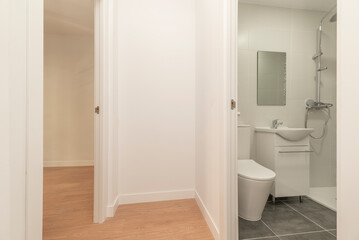 Naklejka na ściany i meble wc with white wooden bathroom cabinet with frameless mirror attached to the wall and distributor with several doors