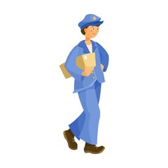 Postman character and delivery service. Vector illustration of mailman with bag delivering letters and boxes. Cartoon postal bicycle and car