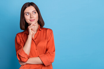 Portrait of attractive minded skilled girl real estate agent broker thinking copy blank space...