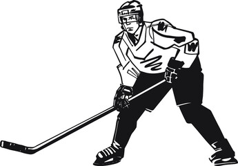 the black and white vector sketch of hockey player silhouette with puck