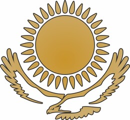 Vector state monochrome coat of arms of the Republic of Kazakhstan. Gold national sign Kazakh. Pride and symbol of the state. Sun and golden eagle.