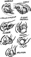 vector sketch the set of baseball hands with trick schemes 