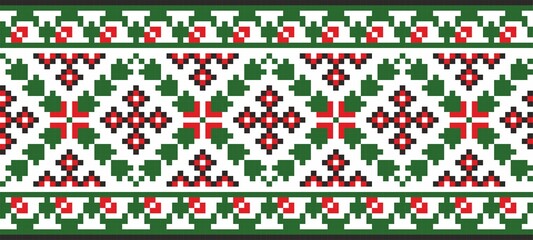 Vector colored seamless Ukrainian national ornament, embroidery. Endless ethnic floral border, Slavic peoples frame. Red cross stitch.