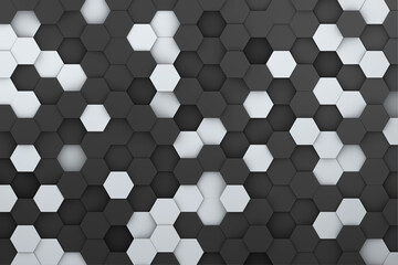 Moving black and white honeycomb shapes background 3d rendering. Abstract hexagon three-dimensional visualization