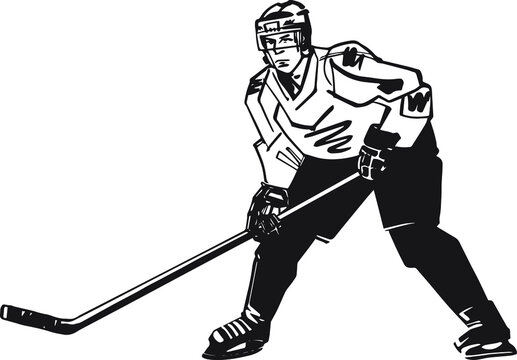 The Black And White Vector Sketch Of Hockey Player Silhouette With Puck