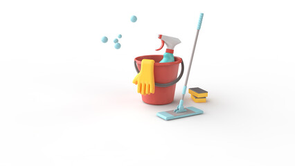 Cleaning background. Cleaning products : bottle sprayer and rubber gloves in bucket , mop, sponge  isolated on white background - obrazy, fototapety, plakaty
