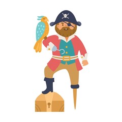 Pirate captain on wooden leg. Cute underwater animals, sea robbers cartoon illustration. Ship with anchor, crab, octopus, childish captain character on white