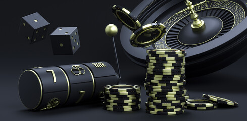 Luxury casino background with roulette wheel poker chips and dice. Online casino dark theme background. Close-up black casino roulette elements. Poker game table. 3d rendering illustration.