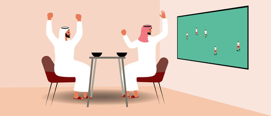 Arab football fans from Qatar, Flat vector stock illustration with fans in sports bar and TV