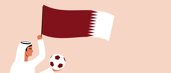 Arab with Qatar flags and soccer ball, flat vector stock illustration or copy space template