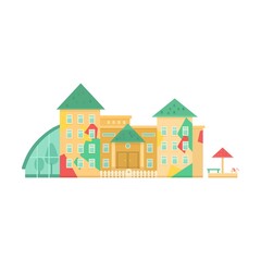 Fototapeta premium Educational institution cartoon illustration. Front view of high and elementary school, university, kindergarten and school of modern art
