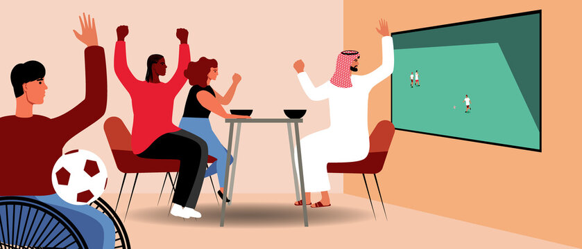 Arab football fans from Qatar, Flat vector stock illustration with multicultural societies during championship watch football on TV