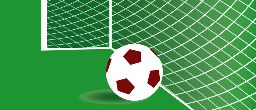 Soccer ball in goal, vector stock illustration with green lawn and net, no people