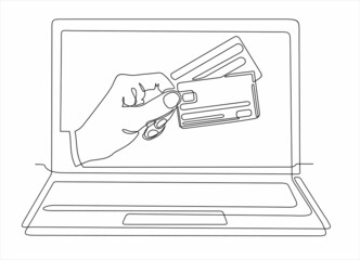 one line drawing of laptop computer with  hand holding credit cards as business concept of online shopping. Can used for logo, emblem, slide show and banner.