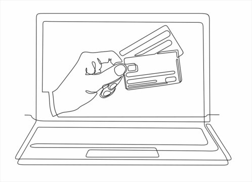 recommend clip art: one line drawing of laptop computer with  hand holding credit cards as business concept of online shopping. Can used for logo, emblem, slide show and banner.