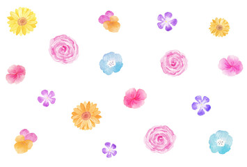 Naklejka premium イラスト素材：水彩絵の具で手描きした華やかでカラフルな花々のシームレスパターン背景 
