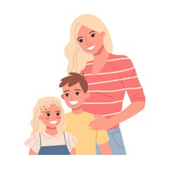 Young mother and her children. Happy family couple with kids. Parents and children standing together, hugging flat vector illustration